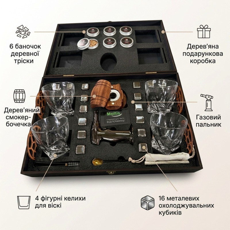 Скринька віскі-бар смокер бочечка 4 келихи 16 кубиків тріска SMS-5504